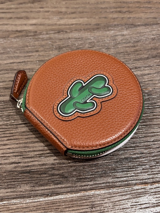 Coach Handbags - Coach- NWOT! RARE Brown Leather Round Zip Coin Wallet with Green Cactus Patch